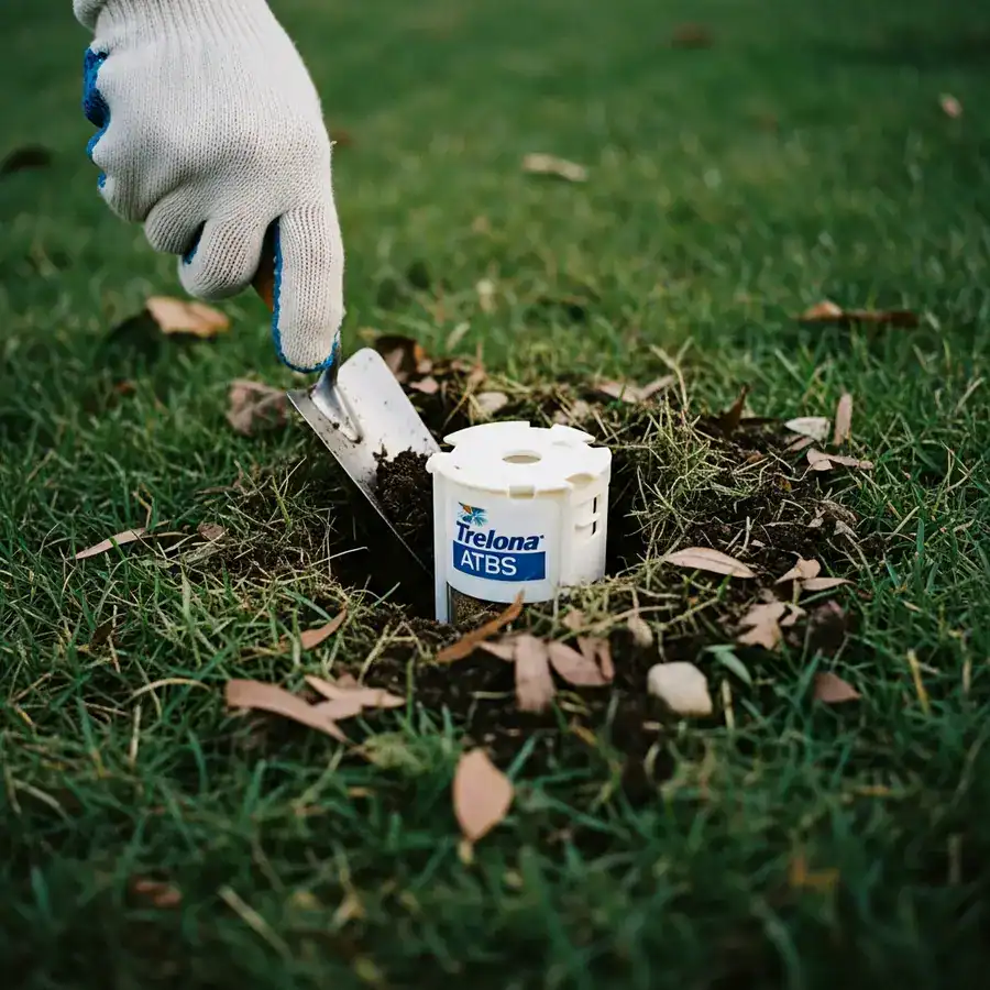 Close-up of trowel exposing a Trelona bait station. Soil and lawn debris surround partially buried termite control system.