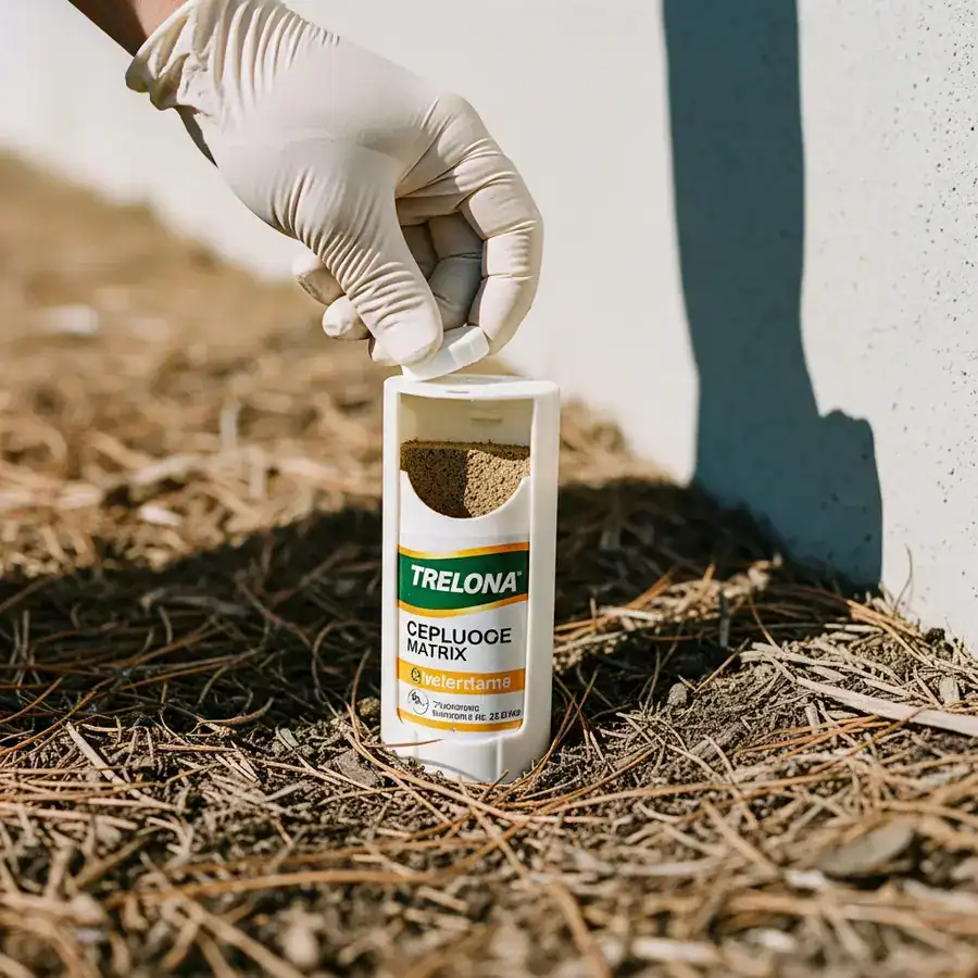 Close-up of a Trelona bait station being opened, revealing termite bait matrix in mulch near house foundation.