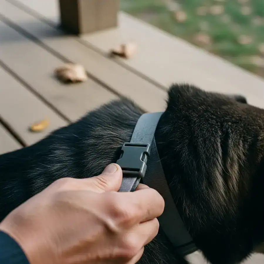 Close-up of a hand fastening a protective tick collar around a dog's neck on a rustic wooden porch.