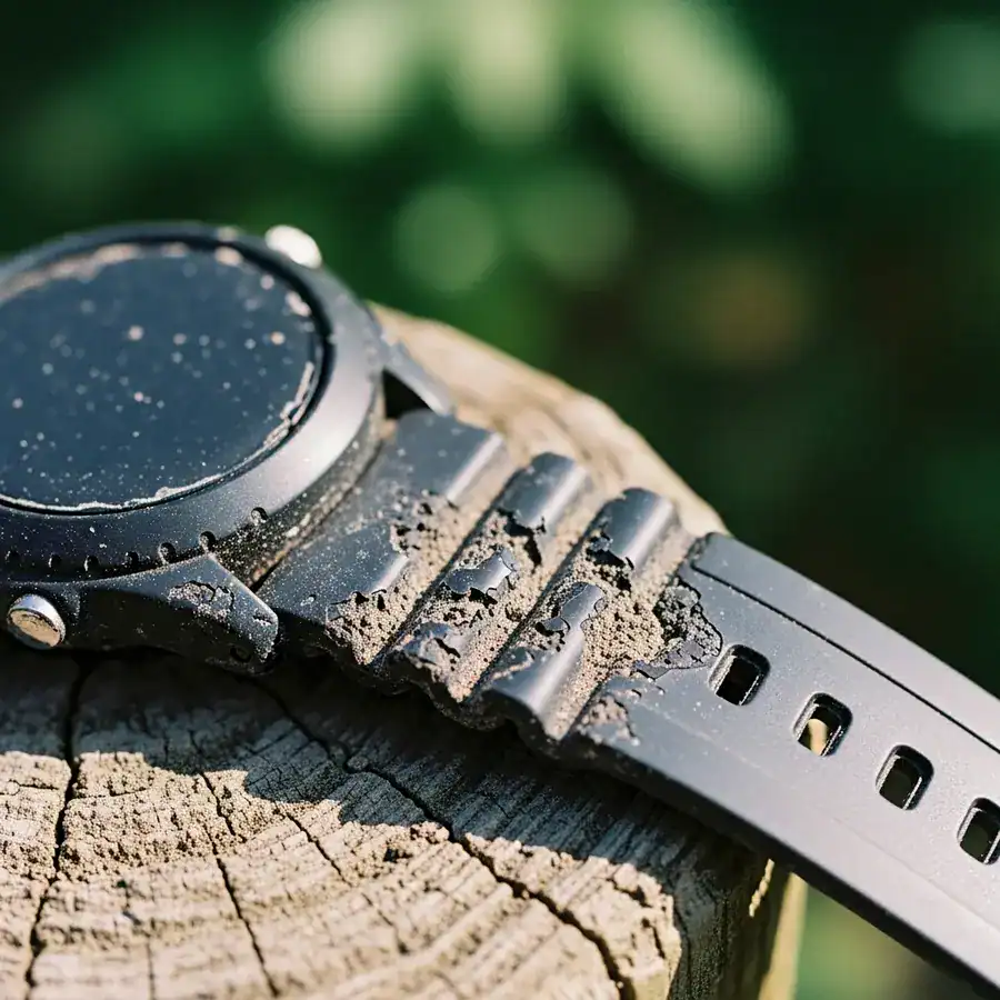 A close-up of a black plastic watch strap, its surface melted and clouded by chemical damage, on a weathered wooden post.