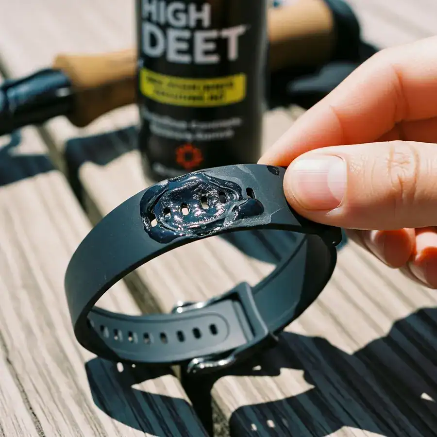 Close-up of a sticky, melted black plastic watch band being picked at, showing damage from DEET on an outdoor table.