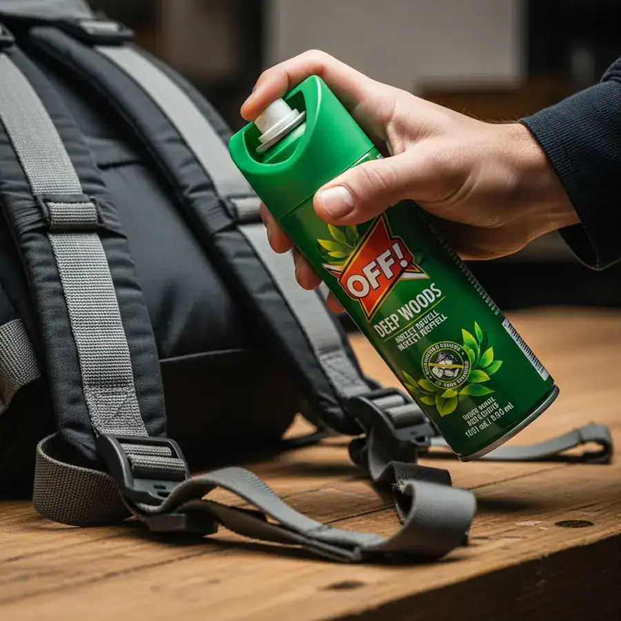 Close-up of a green aerosol can of DEET repellent held over a damaged backpack strap on a cluttered workbench.