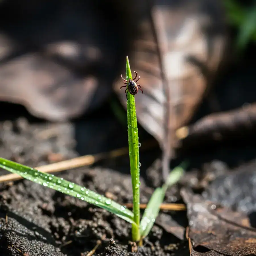 A poppy seed-sized nymphal tick waiting with legs outstretched on the dewy tip of a single blade of grass.