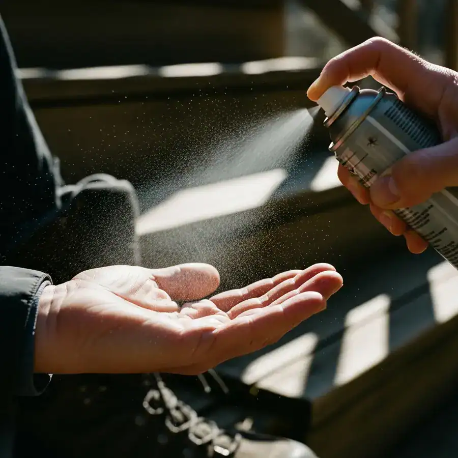 Close-up of a person spraying tick repellent into their hand before applying it to their face, set on an outdoor porch.