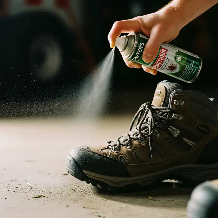 Close-up of a hand spraying Permethrin on a muddy hiking boot on a concrete garage floor.