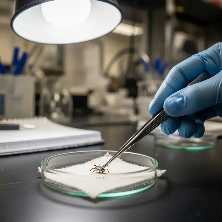 Close-up of a gloved hand using forceps to place a tick onto a fabric sample in a research lab petri dish.