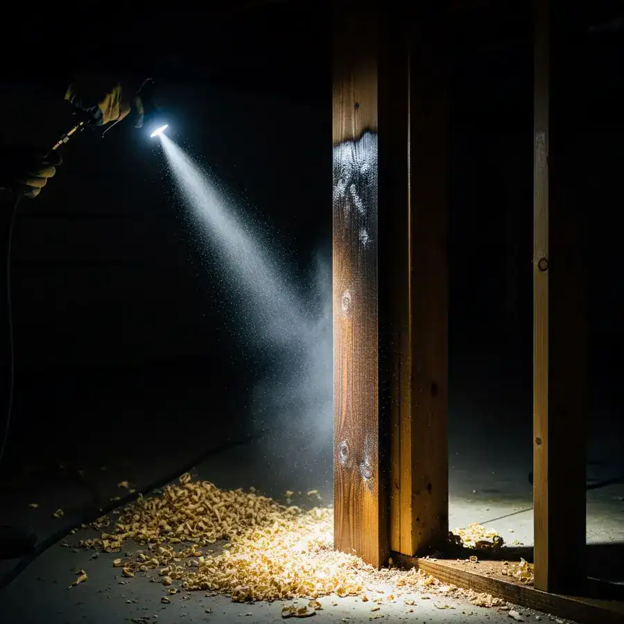 Close-up of treated beam. Bora-Care being sprayed in a dimly lit basement with wood debris.