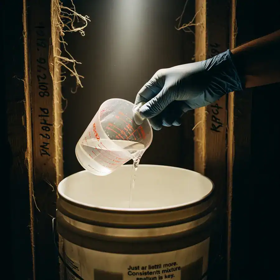 Close-up of mixing Bora-Care solution in a bucket amidst a cluttered basement renovation site.
