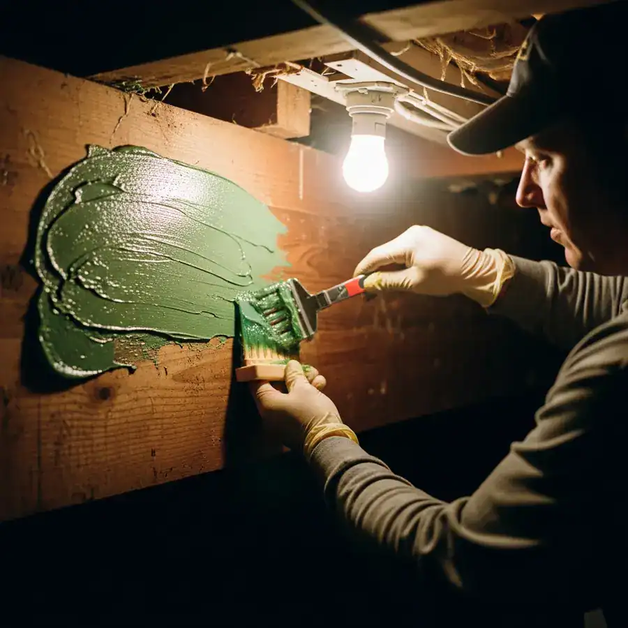 Close-up of treated wood reveals Bora-Care penetration, basement renovation.
A technician’s work boot kicks aside a discarded piece of lumber as he inspects a floor joist treated with Tim-Bor. The subfloor is dusty with visible nail heads, and the air is thick with construction debris. Documentary-style handheld shot on 35mm film, f/2.8, slight organic film grain, sharp focus on the treated joist. Soft, cold light from a nearby basement window.