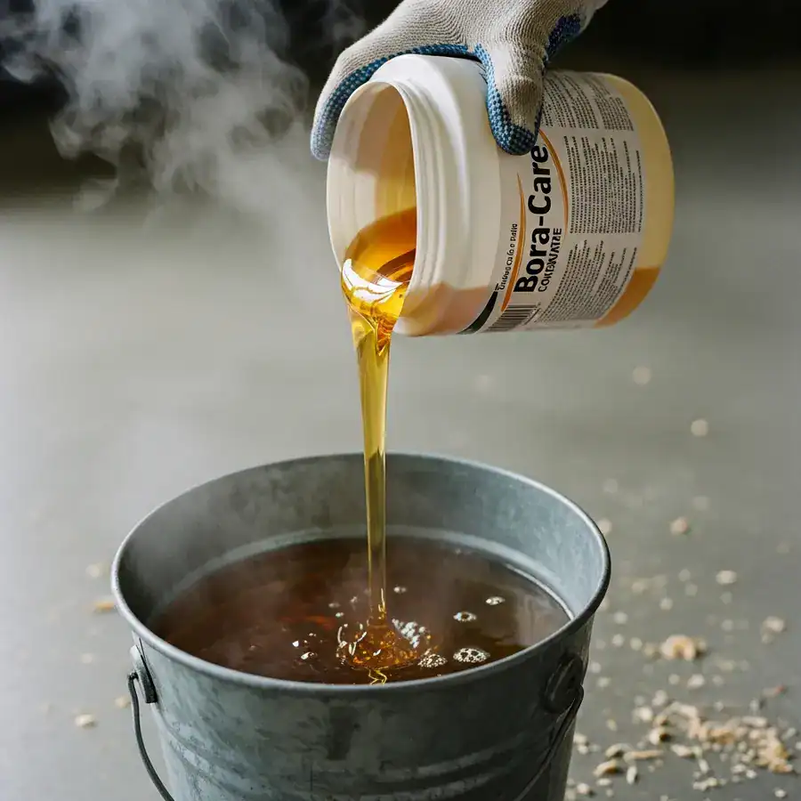 Close-up of Bora-Care being poured into a bucket of water; splatters on the rim, dusty construction site environment.