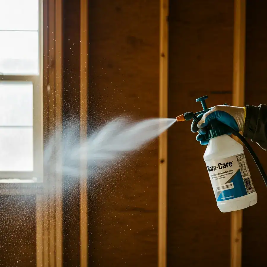 Close-up of garden sprayer applying Bora-Care to garage studs. Sawdust and renovation debris visible.
