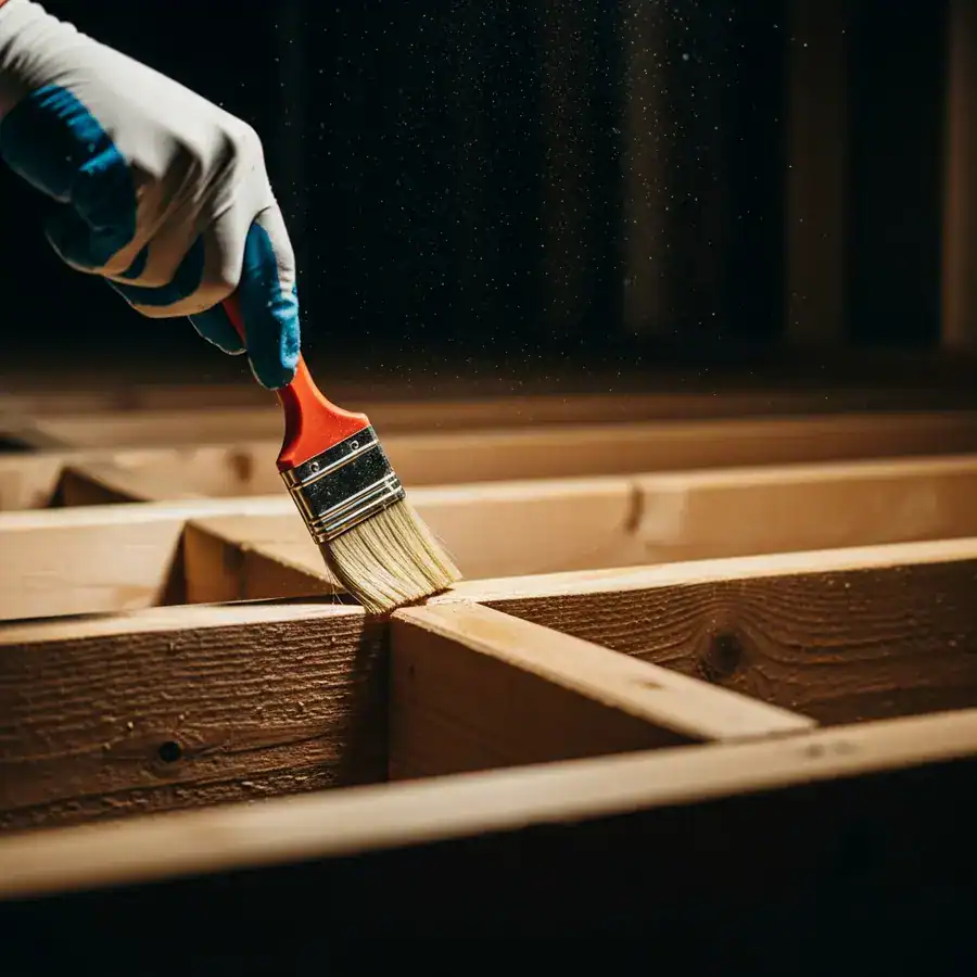 Close-up of Bora-Care application on joists, sawdust & harsh light, basement renovation scene.