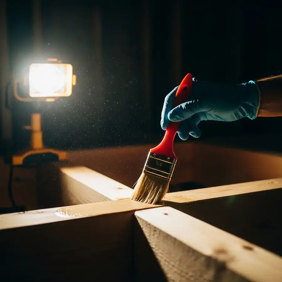 Close-up of brush applying Bora-Care. Saturating raw wood beam. Basement renovation in progress, dust and shadows.
