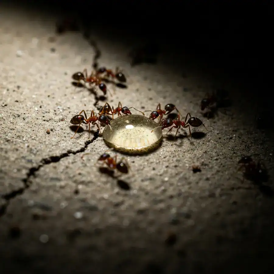 Macro of worker ants sharing liquid borax bait via trophallaxis on a dusty, cracked concrete basement floor.