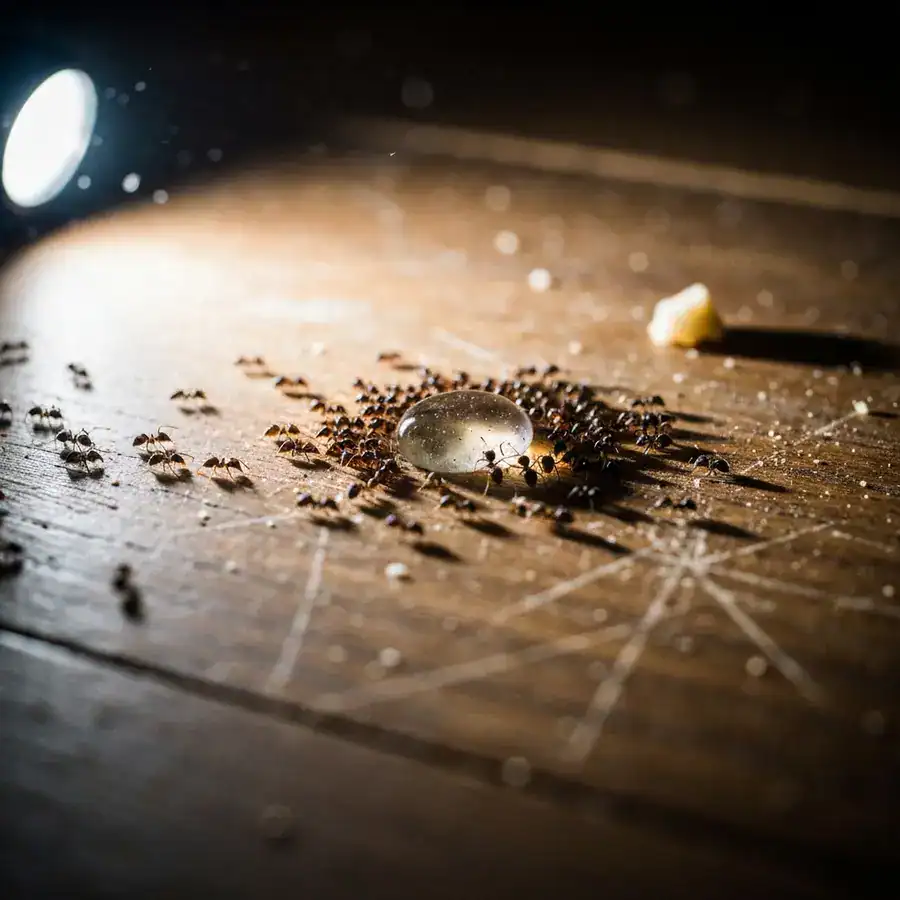 Close-up of worker ants swarming a liquid borax bait trap on a dusty, scratched wooden floor.