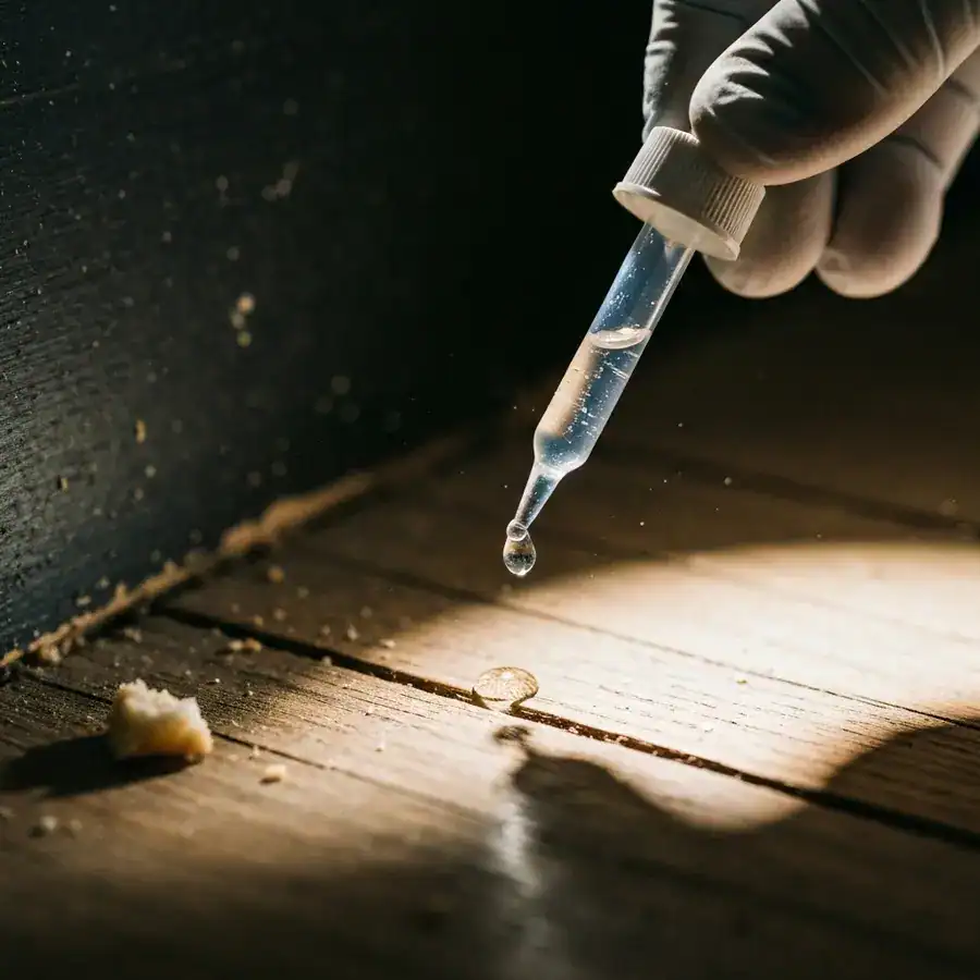 Gloved hand applying a clear liquid droplet to a cracked wooden floor near a dark baseboard.