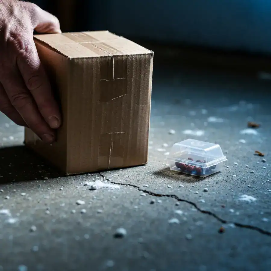 Large box of borax next to a tiny plastic ant trap on a dusty concrete floor for a cost-effectiveness comparison.
