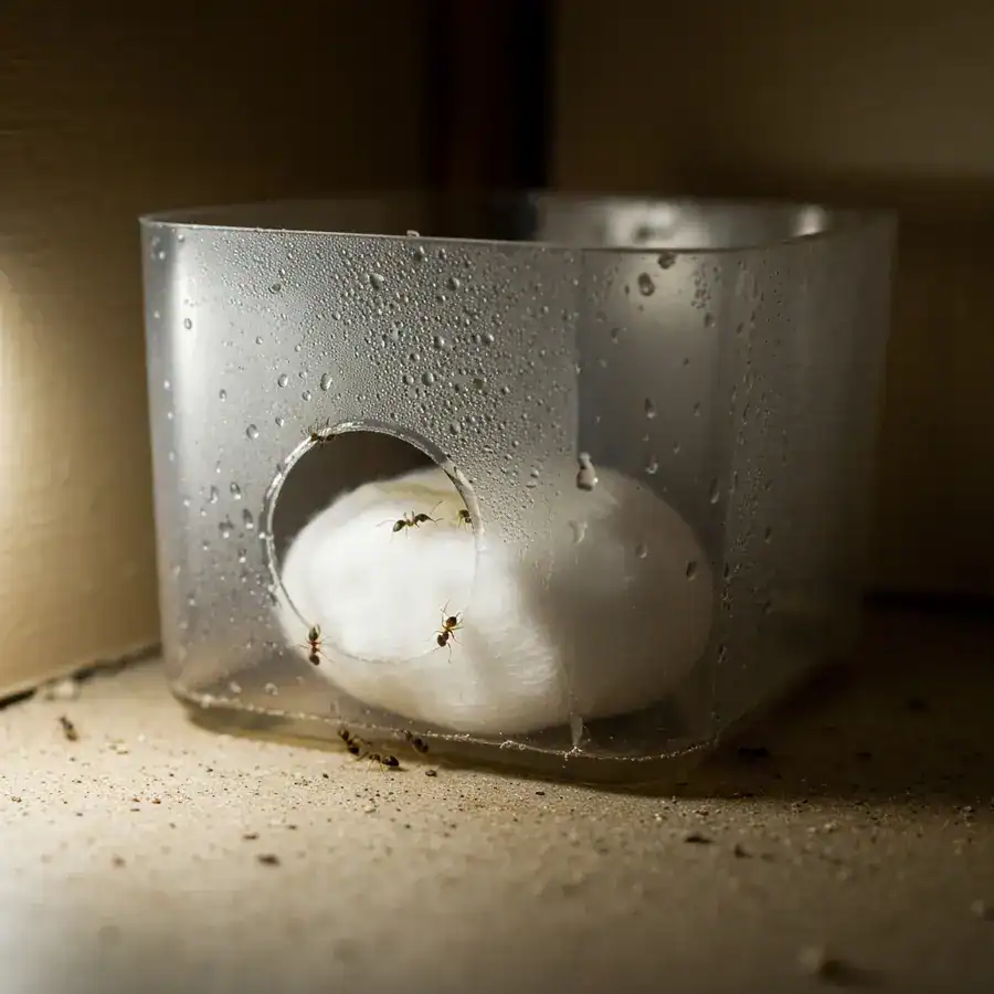Saturated cotton ball inside a plastic container with a small entry hole, tucked into a dusty pantry corner.