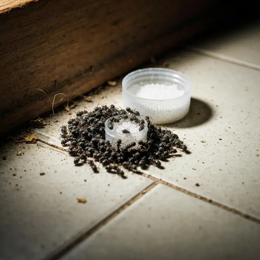 Pile of dead ants surrounding a plastic bait trap on a dusty kitchen floor near a baseboard.