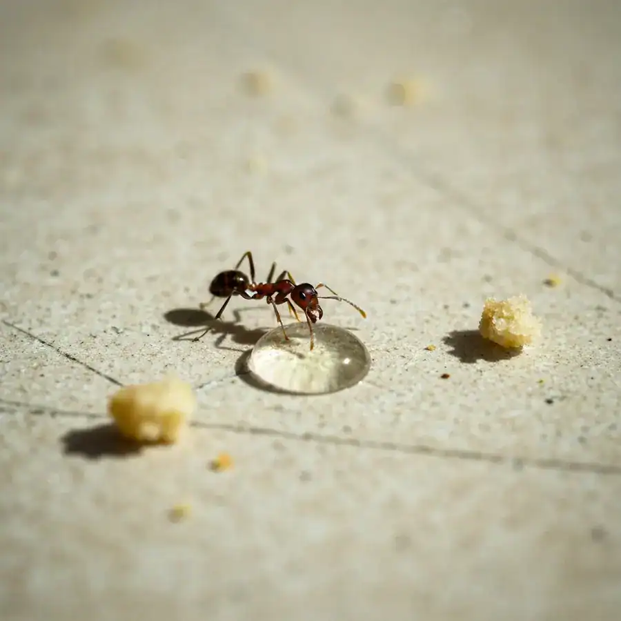 Macro view of a worker ant feeding on a clear liquid bait drop on a scratched, beige kitchen countertop.