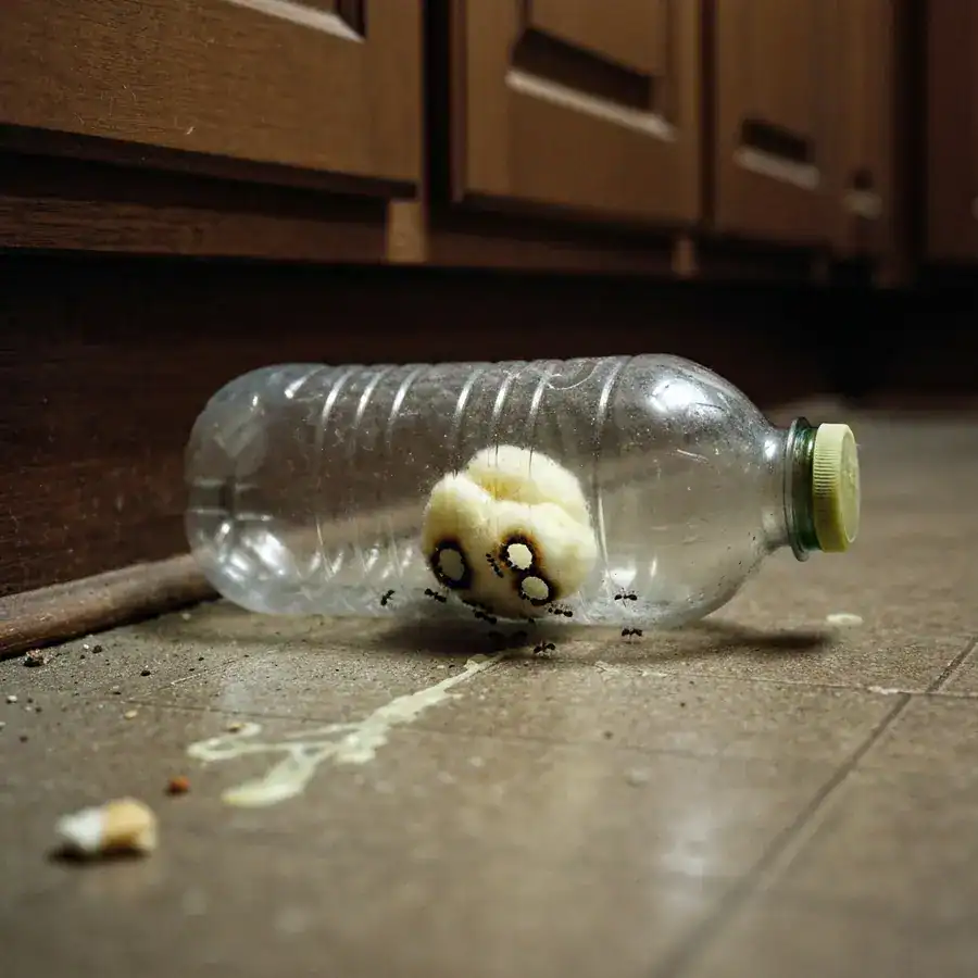 Homemade plastic bottle trap lying along a dusty baseboard in a dimly lit kitchen corner.