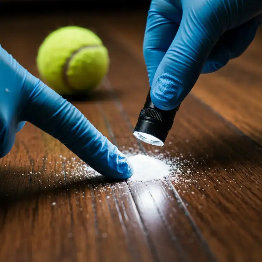 Gloved finger pointing at white borax powder residue in floorboard cracks next to a pet's tennis ball.