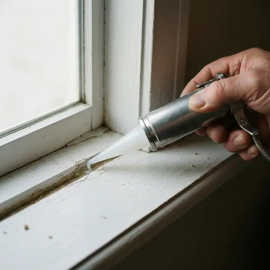 Close-up of a hand applying silicone caulk to a cracked window frame to prevent pest entry.
