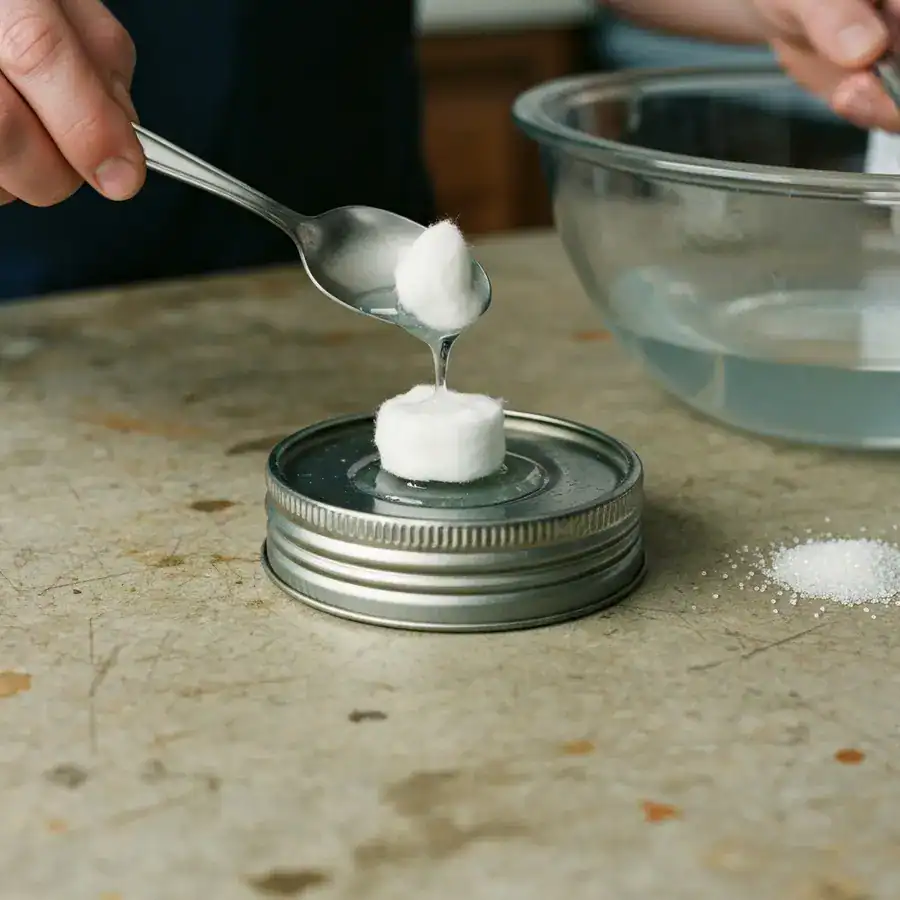 Saturated cotton ball being placed on a metal jar lid on a scratched kitchen counter.