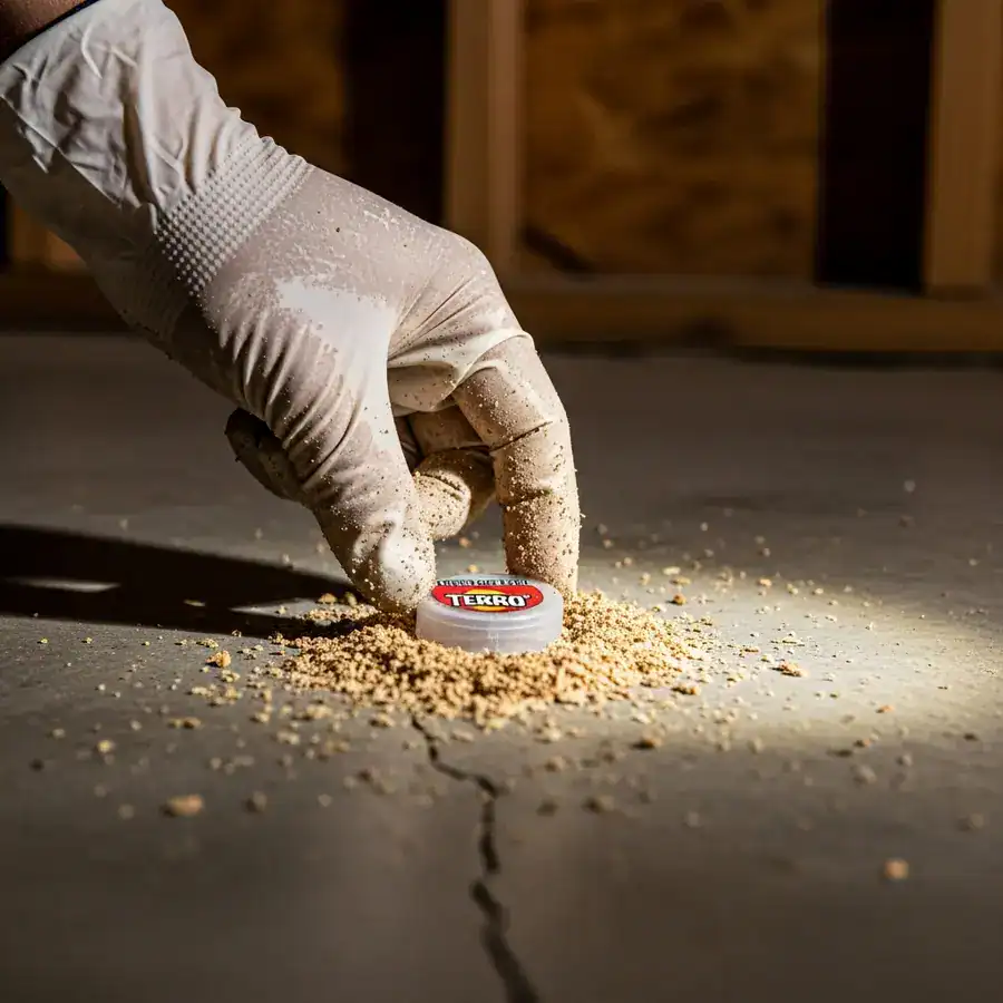 Close-up of ant bait amid frass; evidence of carpenter ant activity near damp wall in unfinished basement.