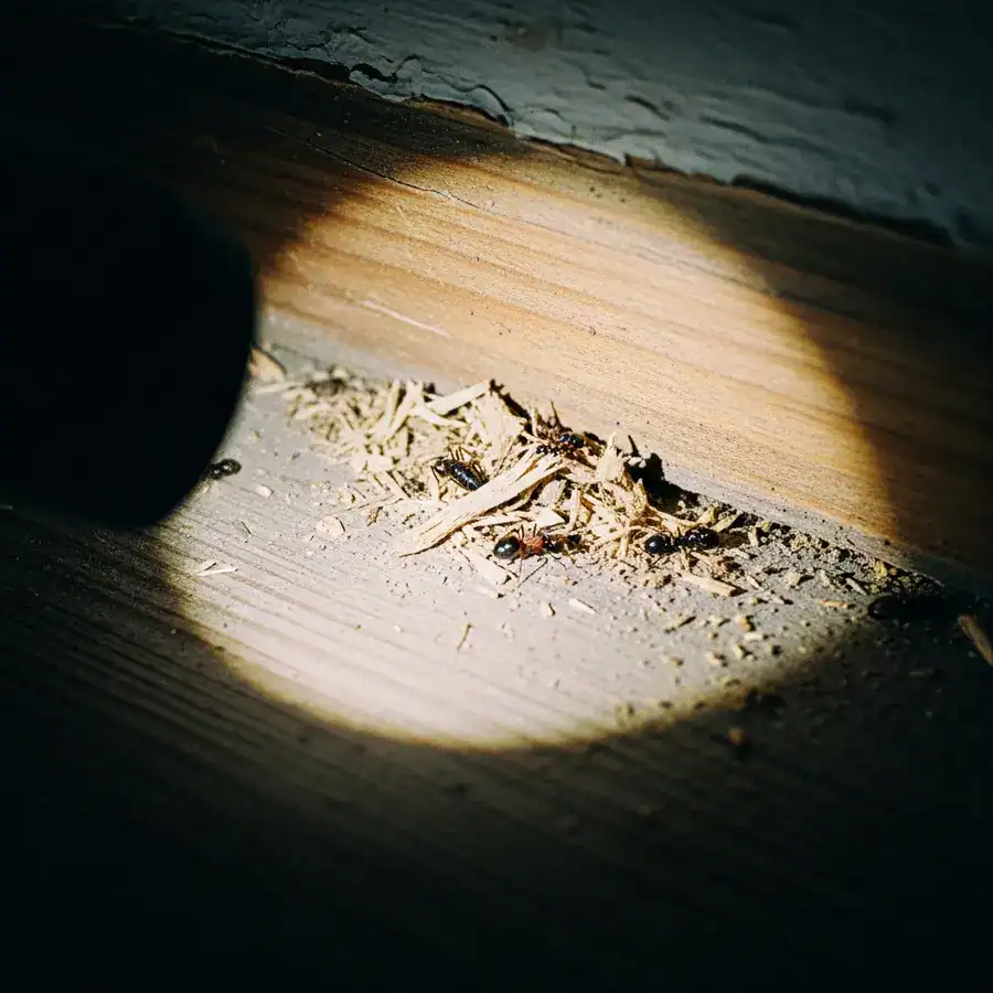 Close-up of ant frass illuminated, scattered near foundation. Evidence of carpenter ant activity.

A flashlight beam reveals carpenter ant frass accumulating in the corner of a dark basement windowsill, amidst peeling paint and cobwebs. Documentary-style handheld shot on 35mm film, aperture f/2.8, slight organic film grain, sharp focus on the frass. Soft, cold naturalistic lighting.