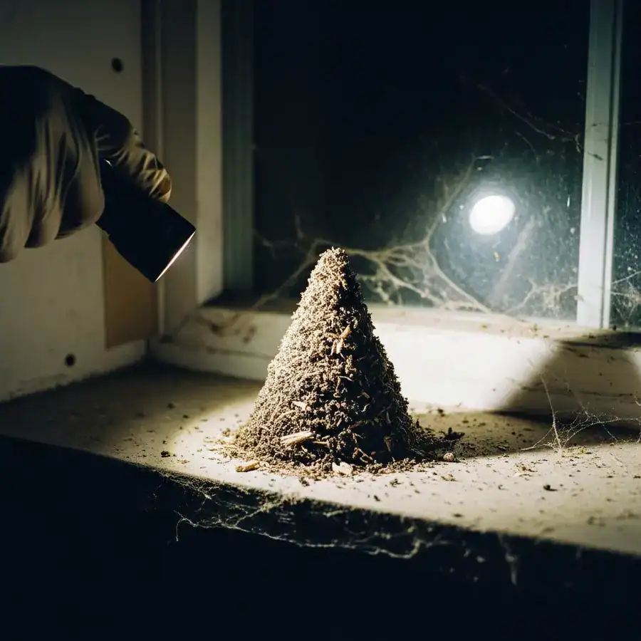 Close-up of frass pile illuminated by flashlight. Insect debris and wood mix on a dusty basement window sill.