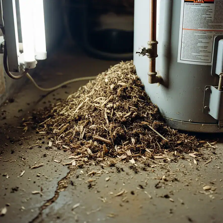 Close-up of frass pile being inspected in a cluttered basement environment.