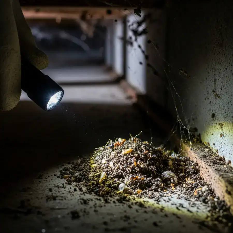 Close-up of ant frass and insect debris. Flashlight illuminates damp sill plate in a dark crawlspace.
