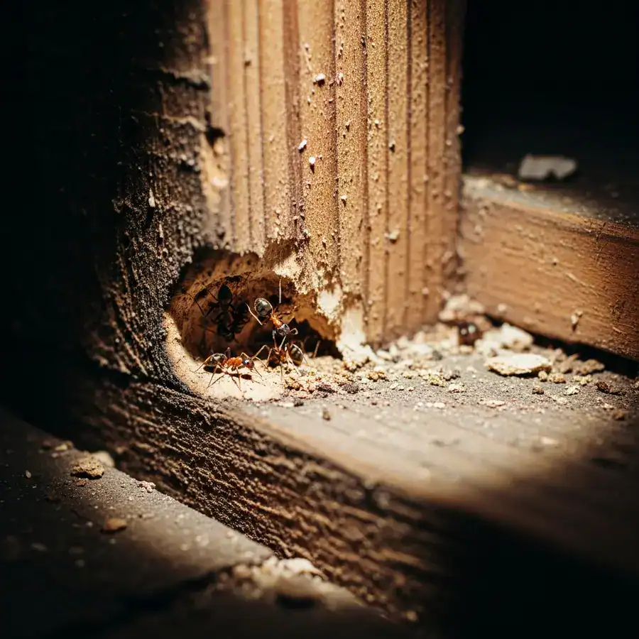 Close-up of a damp wooden beam; flashlight illuminates moisture, cobwebs in a dark, cluttered crawlspace.