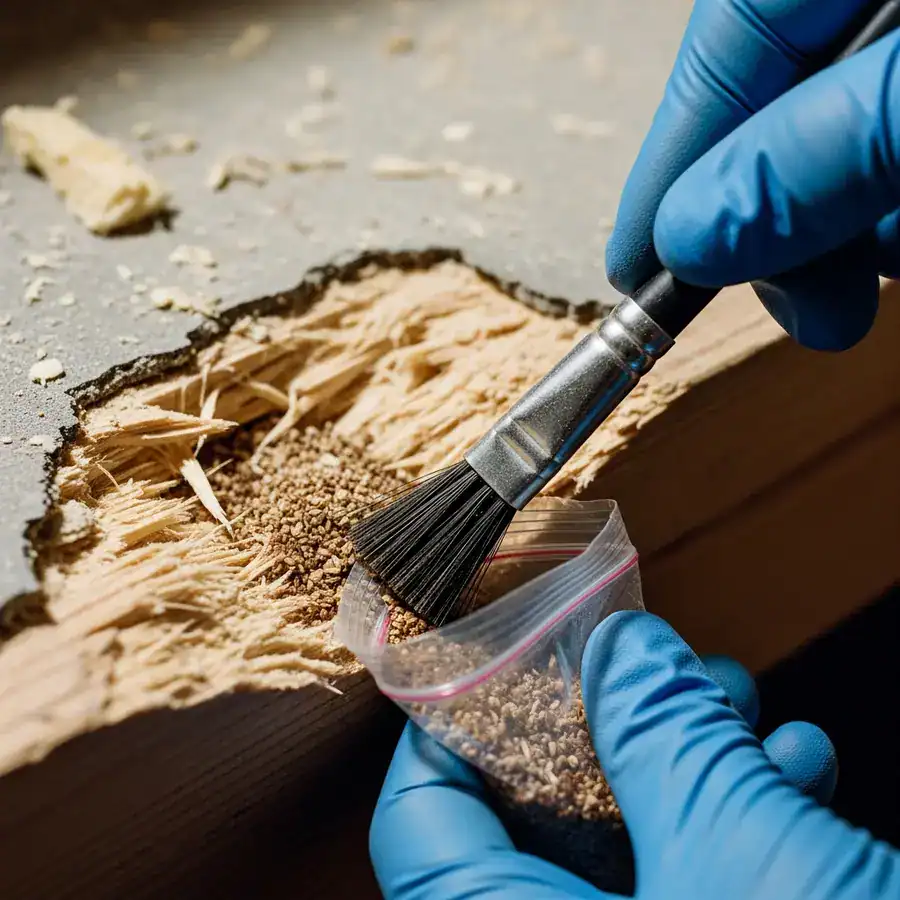Close-up of frass being collected. Technician gathering evidence near rotting windowsill.