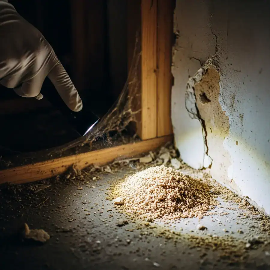 Close-up of frass pile. Flashlight illuminates possible carpenter ant damage in a cluttered, unfinished basement.
