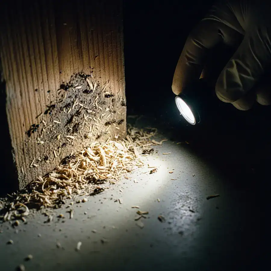 Close-up of ant frass illuminated; hand points flashlight on debris-strewn floor, basement setting.