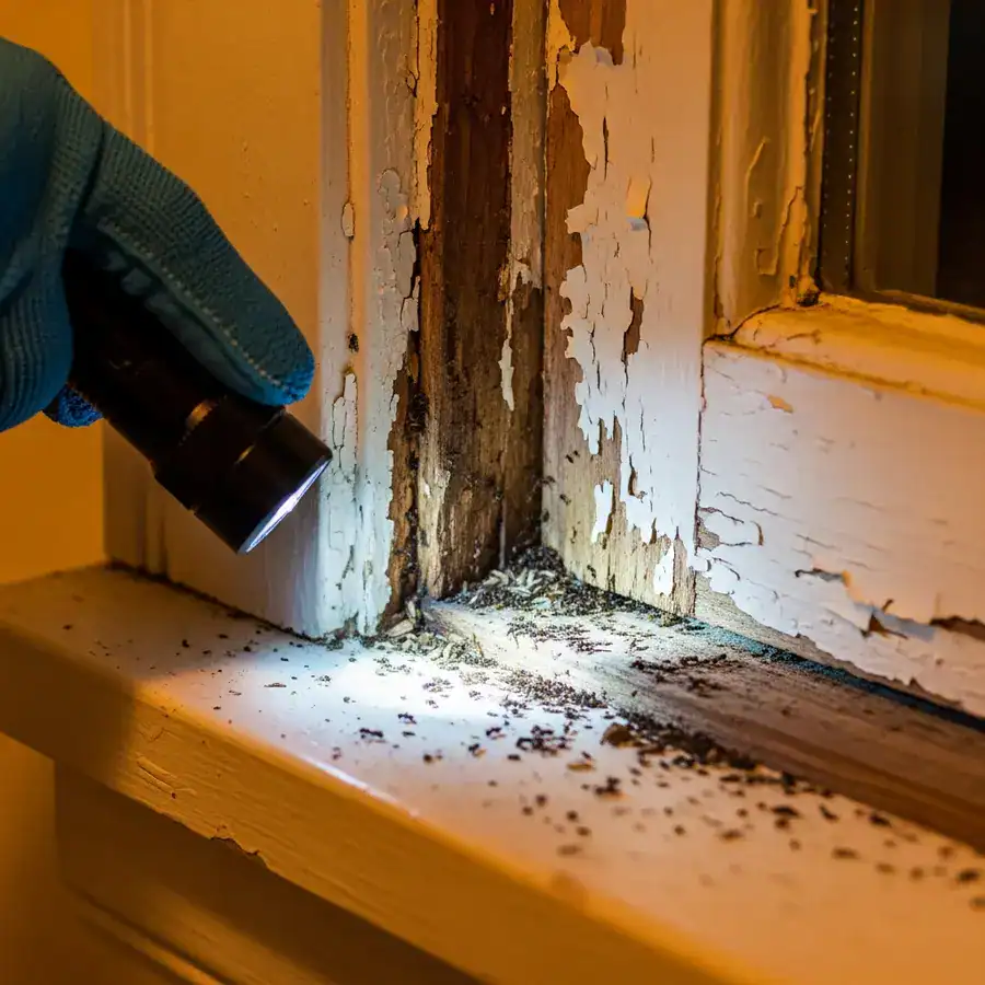 Close-up of rotting fascia board. Flashlight reveals carpenter ant frass near clogged, debris-filled gutter.

A technician's hand carefully removing a section of water-damaged drywall revealing a hidden carpenter ant nest within the stud cavity, moisture stains and frass present. Dusty basement setting with exposed pipes and wiring. Documentary, handheld, 35mm, f/2.8, soft cold light from window, organic film grain, sharp focus.