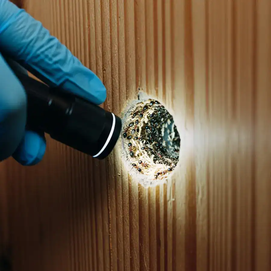 Close-up of screwdriver tapping wall. Technician inspecting for carpenter ants in a dimly lit, cracked basement.

A pile of carpenter ant frass mixed with sawdust sits on a dusty basement floor near the base of a stud wall. A gloved hand holds a HEPA vacuum nozzle close to the debris. Documentary-style handheld shot, 35mm film, f/2.8, slight organic film grain, sharp focus on the frass. Soft, cold light from a nearby basement window.