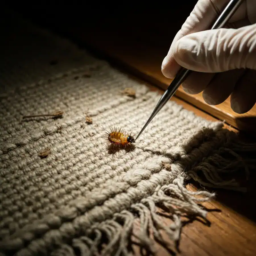 Gloved hand probing a bristly carpet beetle larval shell on a frayed wool rug in a dimly lit room.