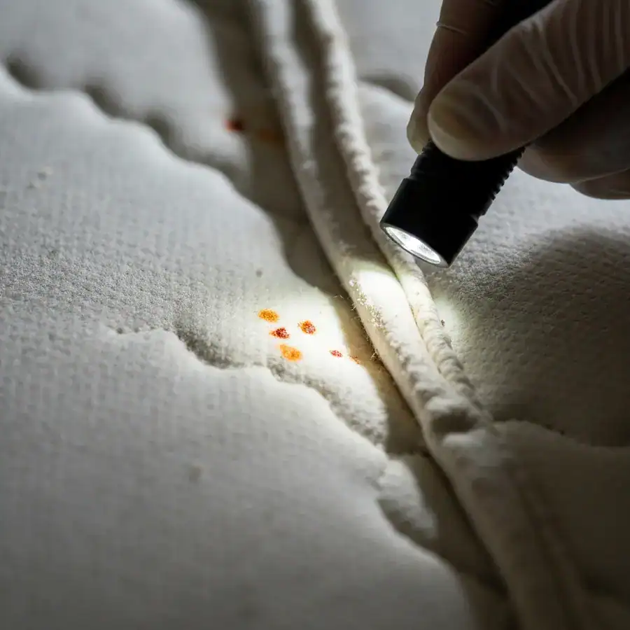 Gloved hand pointing a flashlight at rust-colored spots along a dusty white mattress seam during a pest inspection.
