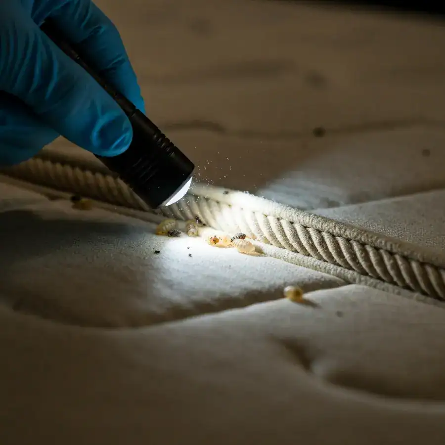 Gloved hand illuminating bed bug husks and dark spotting on a mattress seam during a professional inspection.