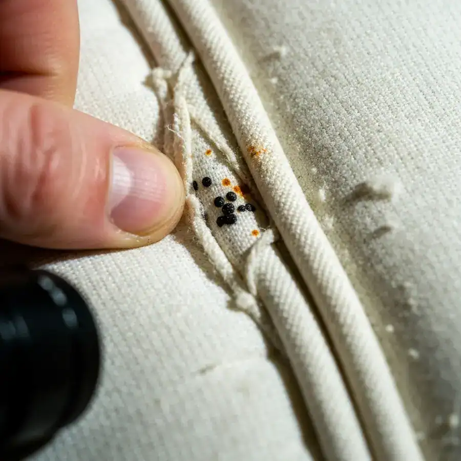 Close-up of dark fecal spotting and rust-colored stains revealed inside a mattress seam under a flashlight.