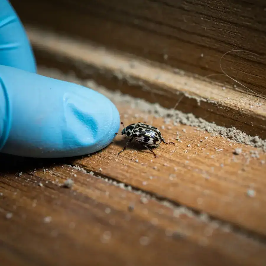 Close-up of a mottled carpet beetle on a dusty baseboard next to a gloved finger for scale.