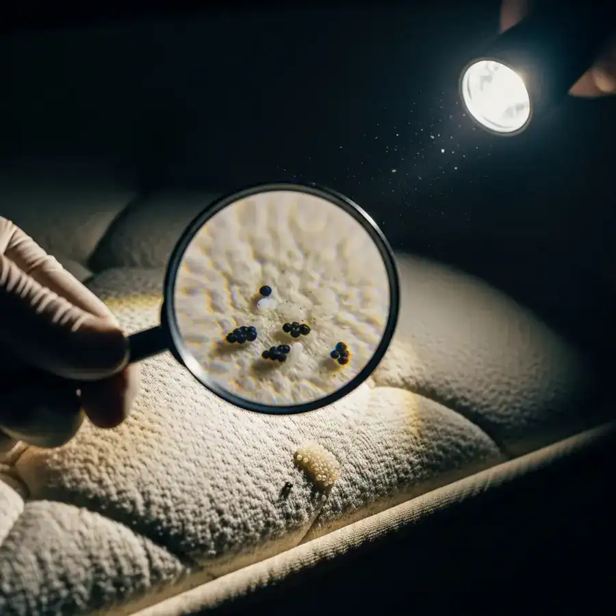 A gloved hand holds a magnifying glass over a mattress seam, revealing tiny black spots from a bed bug infestation.