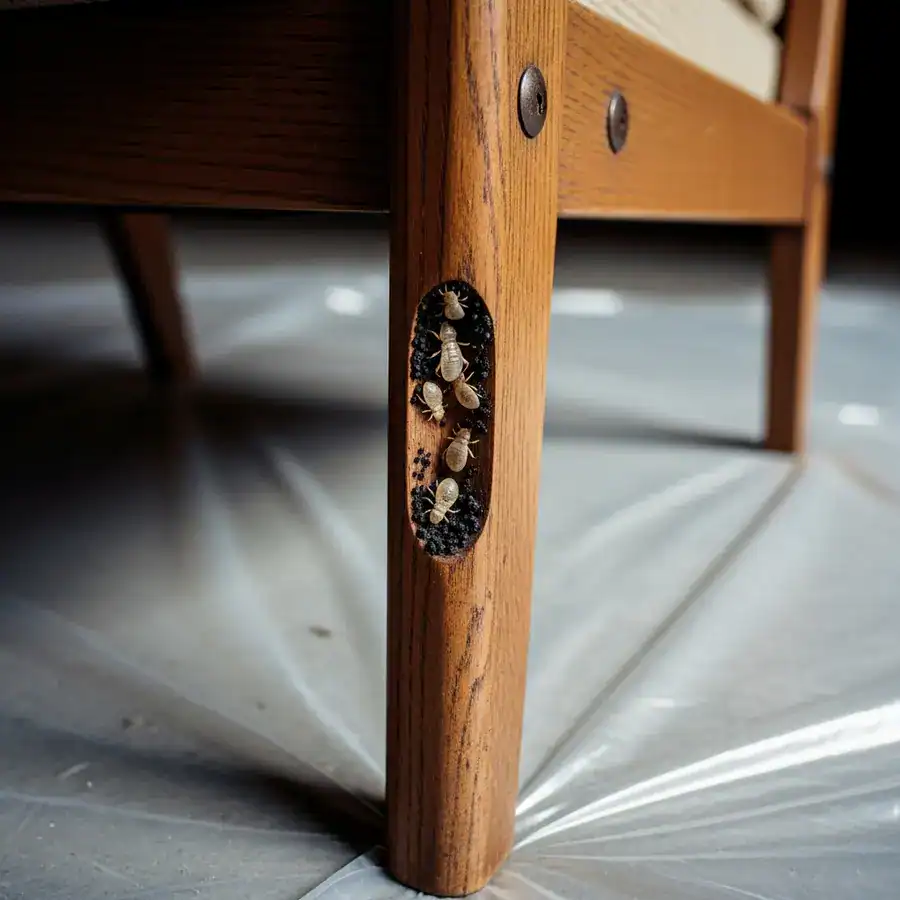 An infested wooden chair is quarantined on a plastic sheet in a garage for pest inspection and treatment.