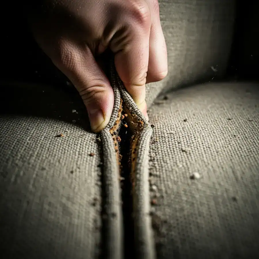 A hand presses into a dusty chair seam, revealing tiny dark stains that are tell-tale signs of a bed bug infestation.