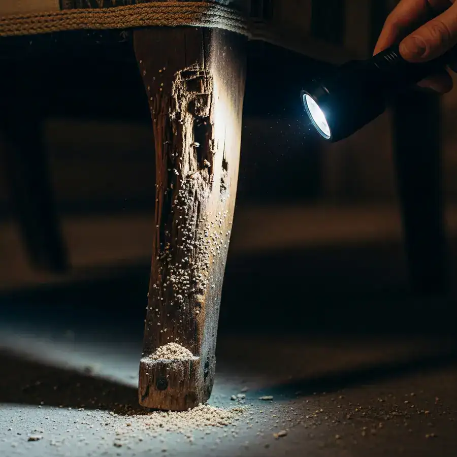 Close-up of tiny woodworm exit holes on an old wooden furniture leg, indicating an active pest infestation.
