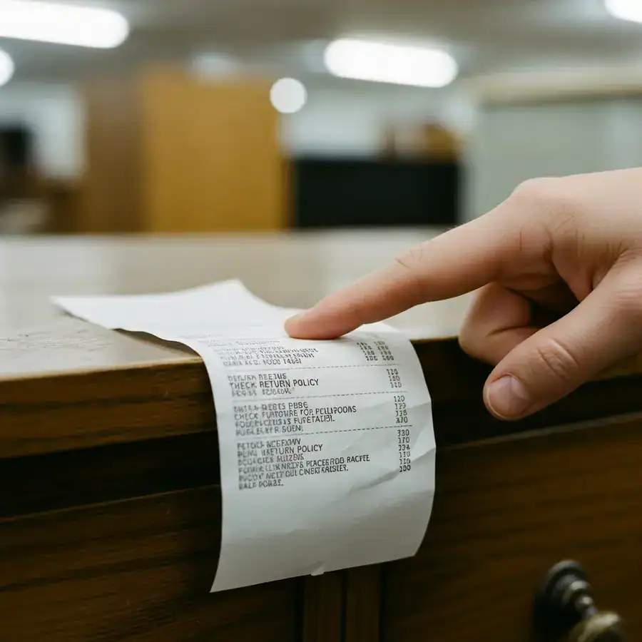 A person's finger points to the fine print on a crumpled store receipt resting on a dusty wooden furniture surface.