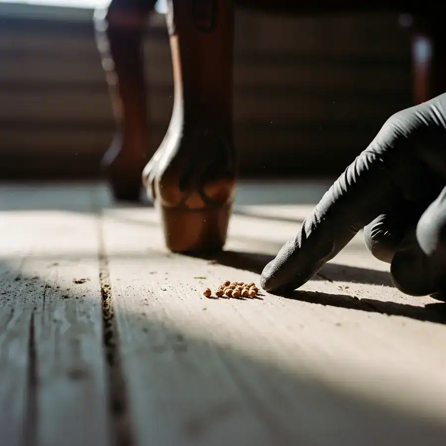 Close-up of a gloved finger pointing to a small pile of termite frass pellets on the floor next to a wooden furniture leg.